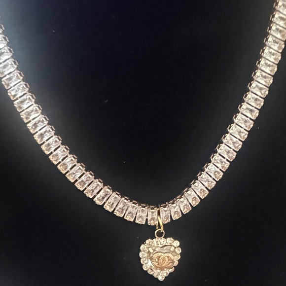 Upcycled Chanel charm on Gold Rhinestone Tennis Necklace - Picture 4 of 8